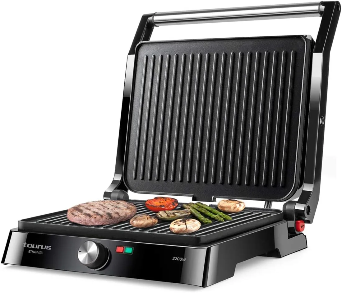 Taurus Etna Inox – Grill y plancha de asar 2 en 1 con apertura 180º | Superficie de 29x47,5 cm | Temperatura regulable | Placas antiadherentes sin PFOA | Recoge-grasas y asa fría foto 2