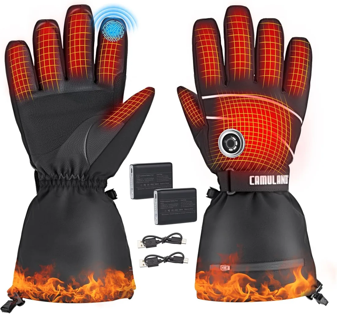 CAMULAND Guantes Calefactables 10000mAh para Hombre y Mujer - 4 Niveles de Calor, Impermeables y Resistentes al Viento - Compatibles con Touchscreen para Moto, Esquí, Senderismo, Trabajo Exterior