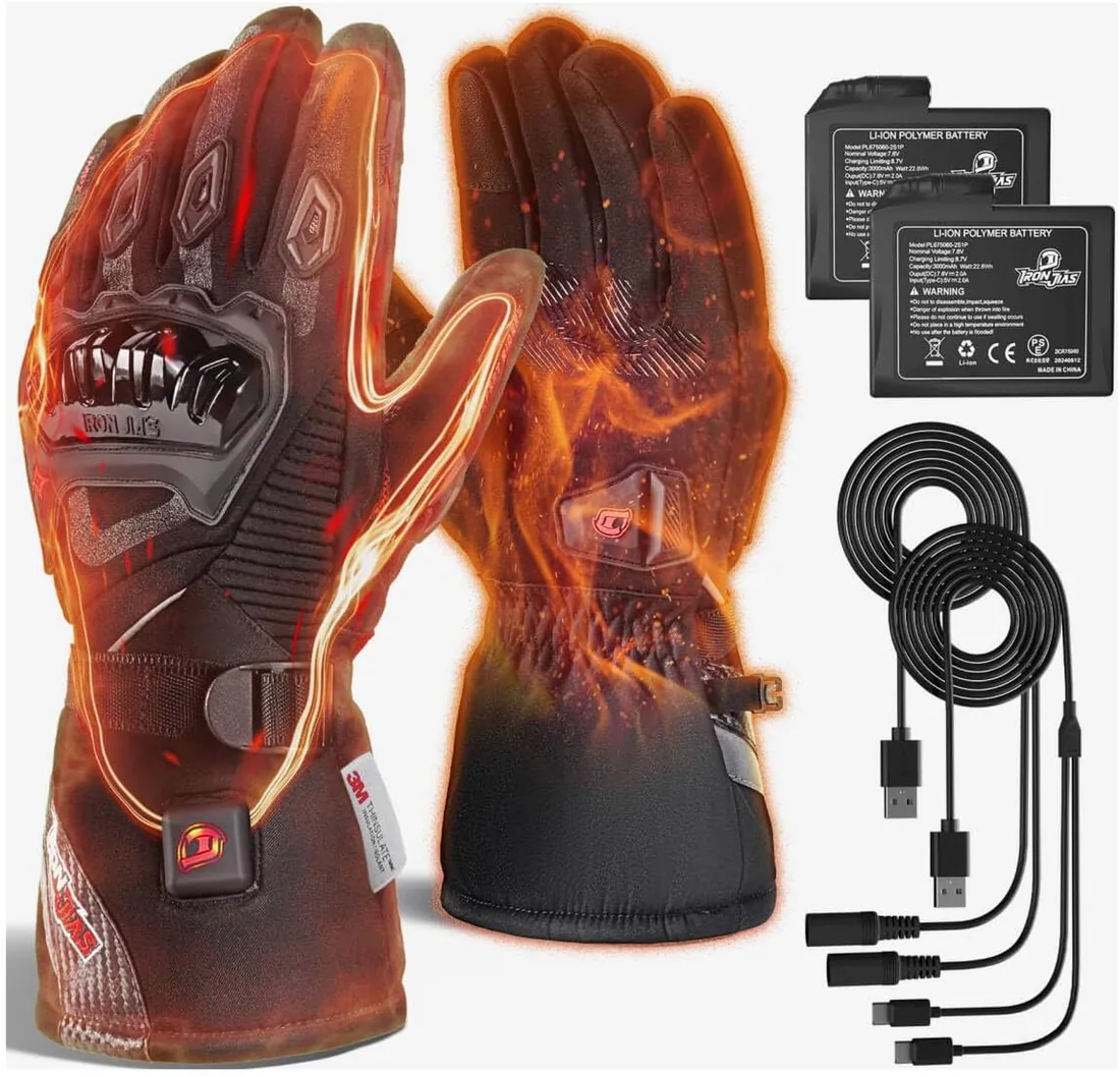 IRON JIA'S Guantes Calefactables Moto Invierno Hombre Nuevo 2025 Puerto de Carga USB de 3000mAh Cable de Carga 2 en 1 Pantalla Táctil Impermeable y Cortavientos Ciclismo Senderismo Esquí L