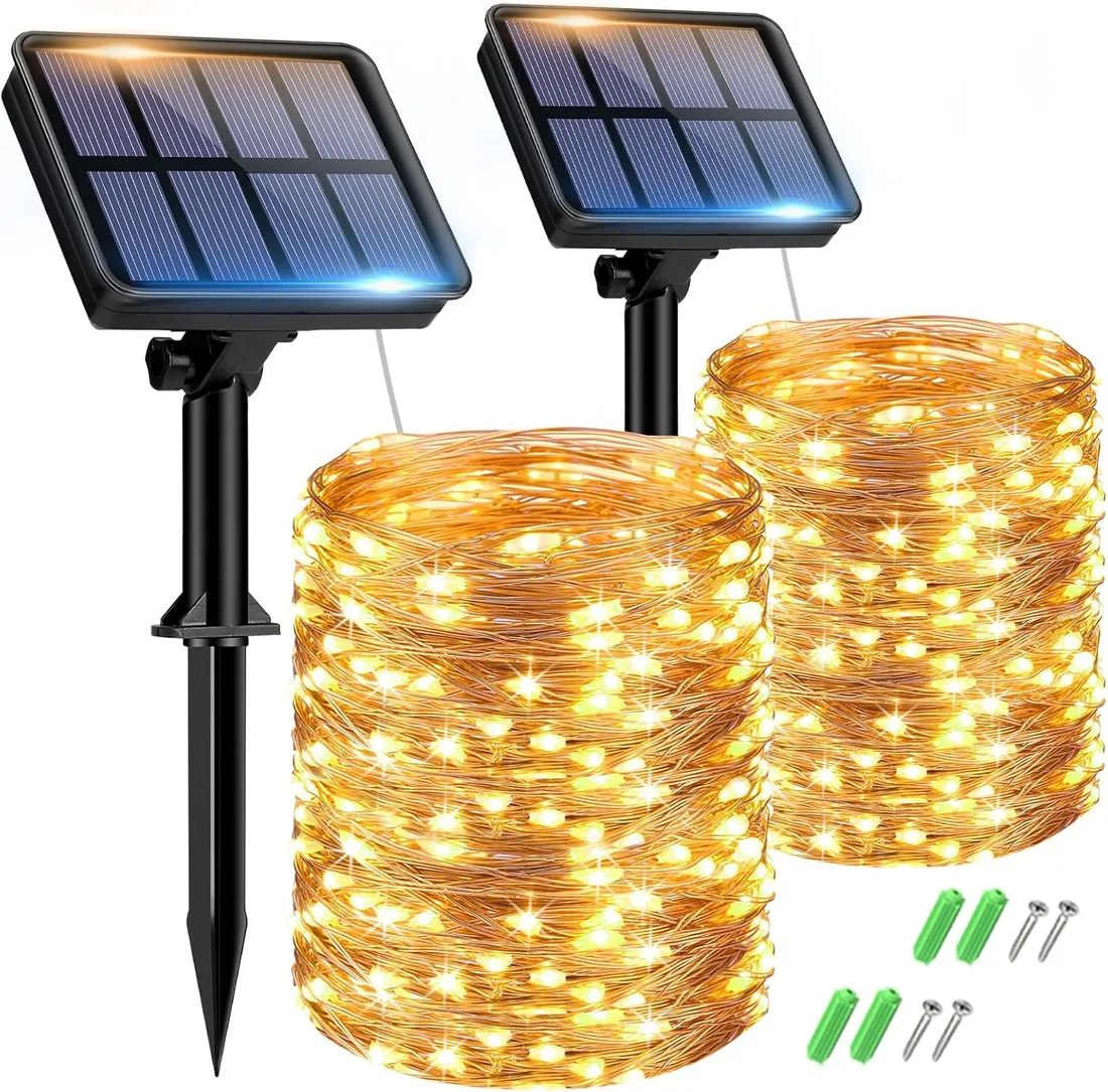 btfarm 2 Piezas Guirnaldas Luces Exterior Solar, 15M 150LED Guirnalda Solar | 8 Modos Luces Solares LED Exterior Jardin, Luz Navidad Exteriors Solares Decoracion para Terraza, Fiestas (Blanco Calido)