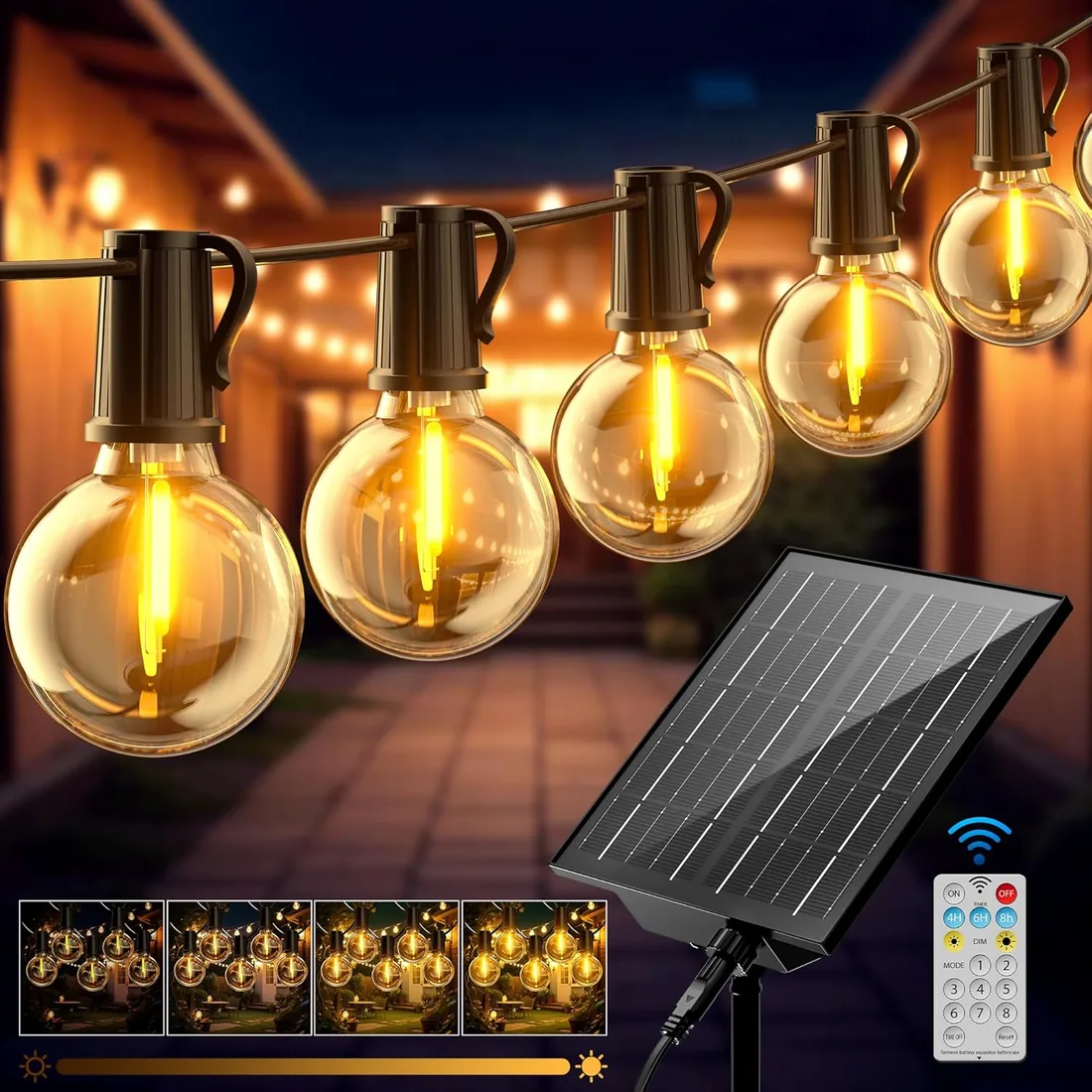 FIFlying G40 Guirnalda Luces Exterior Solar 17,1 M/56,1 FT Impermeable | Luces Solares LED Exterior Jardin con 24+1 Bombillas, 8 Modos, Lámparas Solar con Control Remoto para Patio Cafe Boda Fiesta