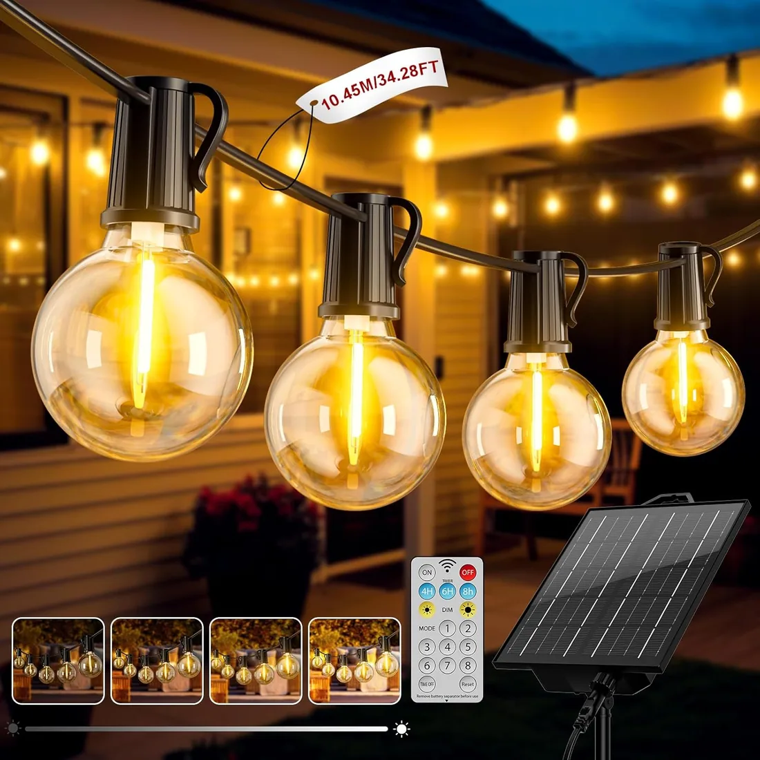 Guirnaldas Luces Exterior Solar, 10.45M/34.3Ft Guirnaldas Exterior Solar | 12+1 G40 Bombillas 8 Modos IP44 Impermeable Guirnalda Solares para Jardín, Terraza, Navidad, Fiesta