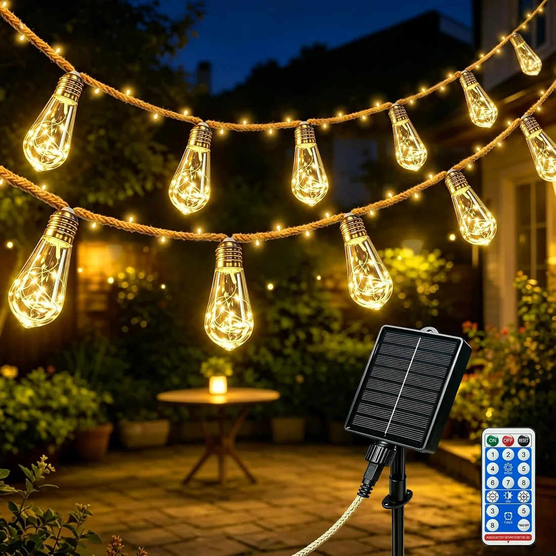 Guirnaldas Luces Exterior Solar 10M, Cadena de Luces Solar Exterior con 15 Bombillas S17 LED 8 Modos, Regulable, Cadena de Luce Decoración Vintage para Jardines Terraza Fiestas Bodas