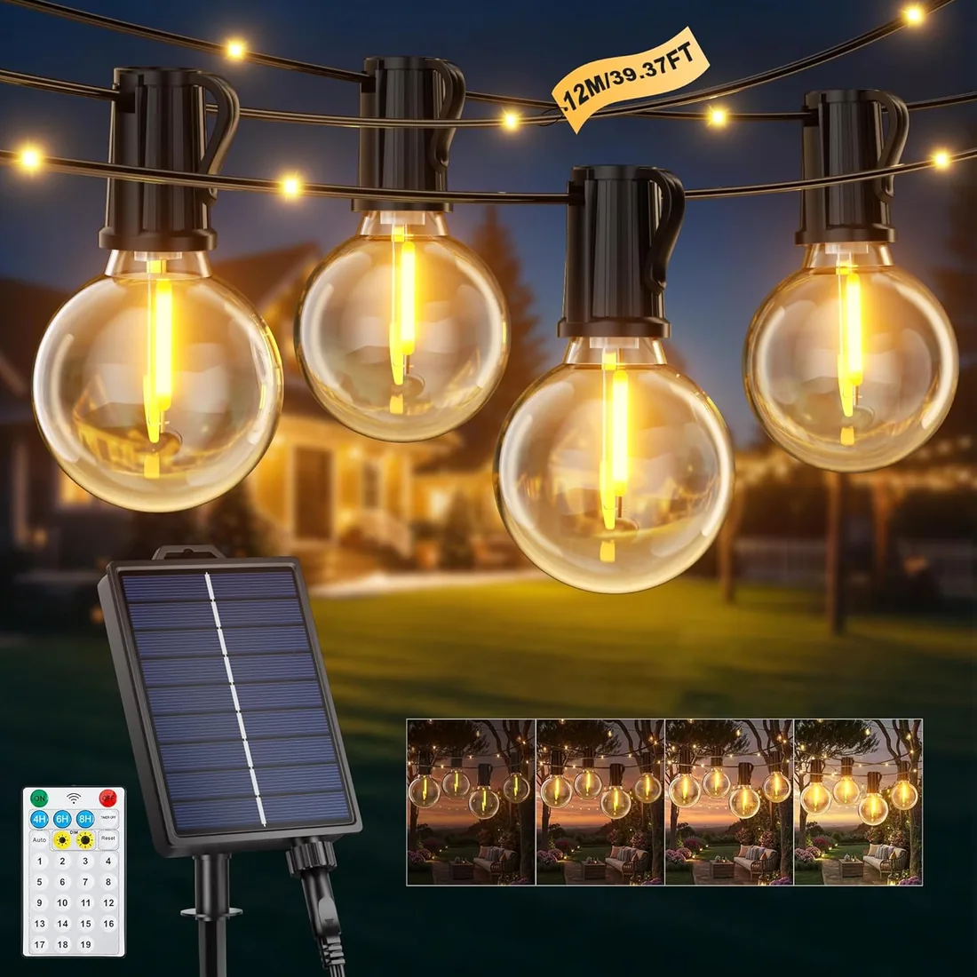 Guirnaldas Luces Exterior Solar, 12M/39.4Ft G40 Guirnaldas Exterior Solar | 14+1 G40 Bombillas y 26 Perlas LED, 19 Modos Impermeable Guirnalda Solares para Jardín, Terraza, Navidad, Fiesta foto 3
