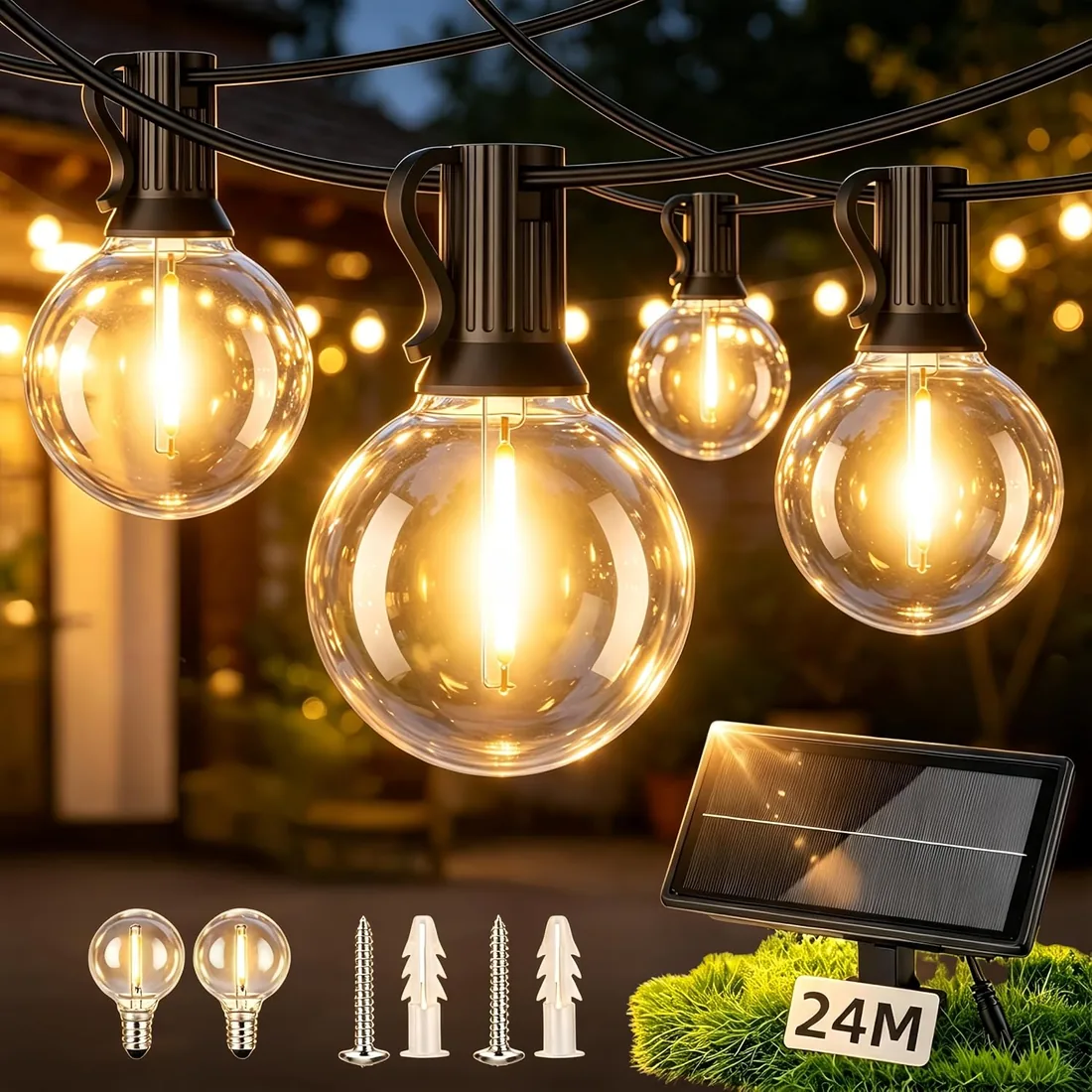 Guirnaldas Luces Exterior Solar, 20M 40+2 Bombillas LED Impermeable | Luces Exteriores, Carga Solar o USB, 3 Modos, Ideal para Terrazas, Jardines, Balcones, Fiestas