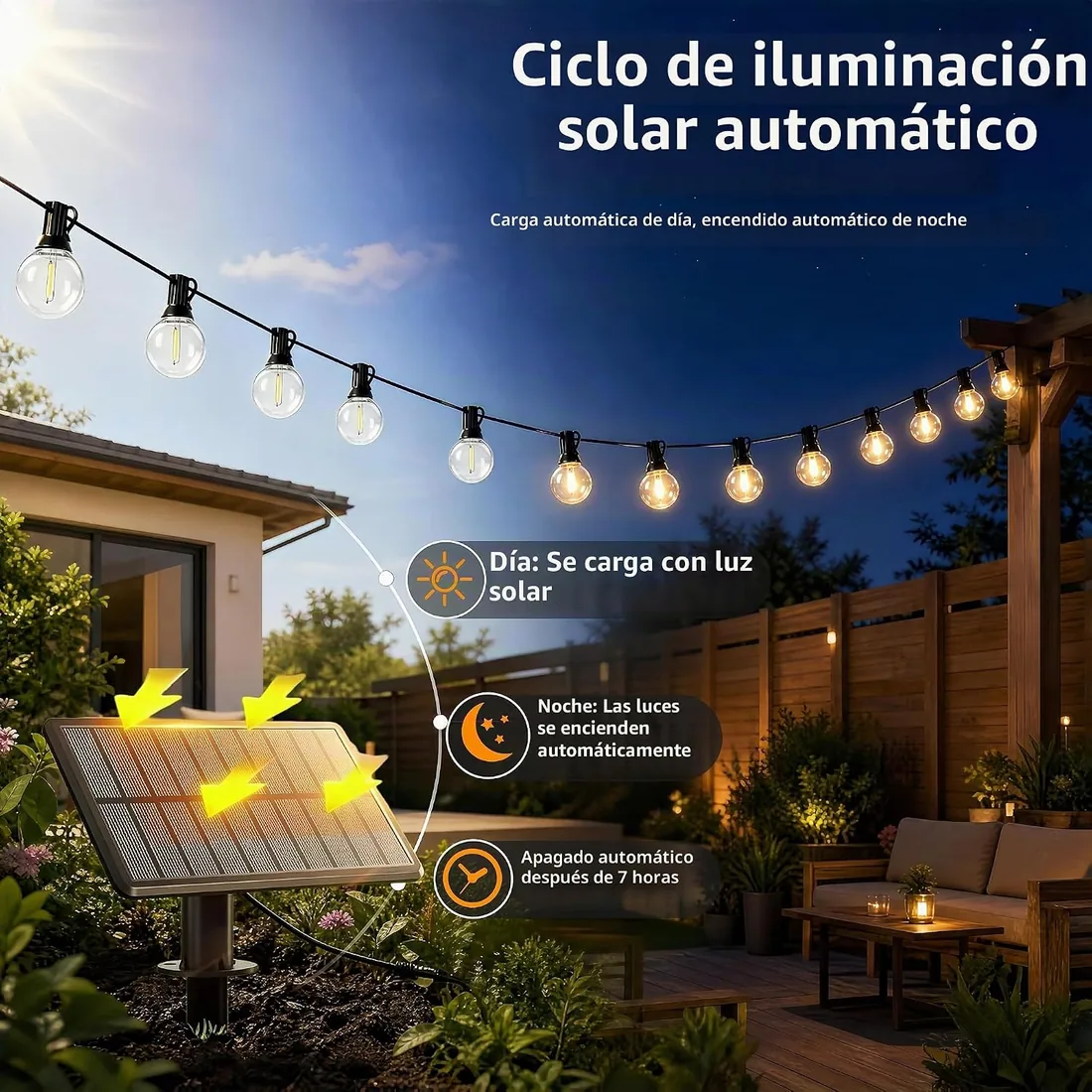 Guirnaldas Luces Exterior Solar, 20M 40+2 Bombillas LED Impermeable | Luces Exteriores, Carga Solar o USB, 3 Modos, Ideal para Terrazas, Jardines, Balcones, Fiestas foto 2