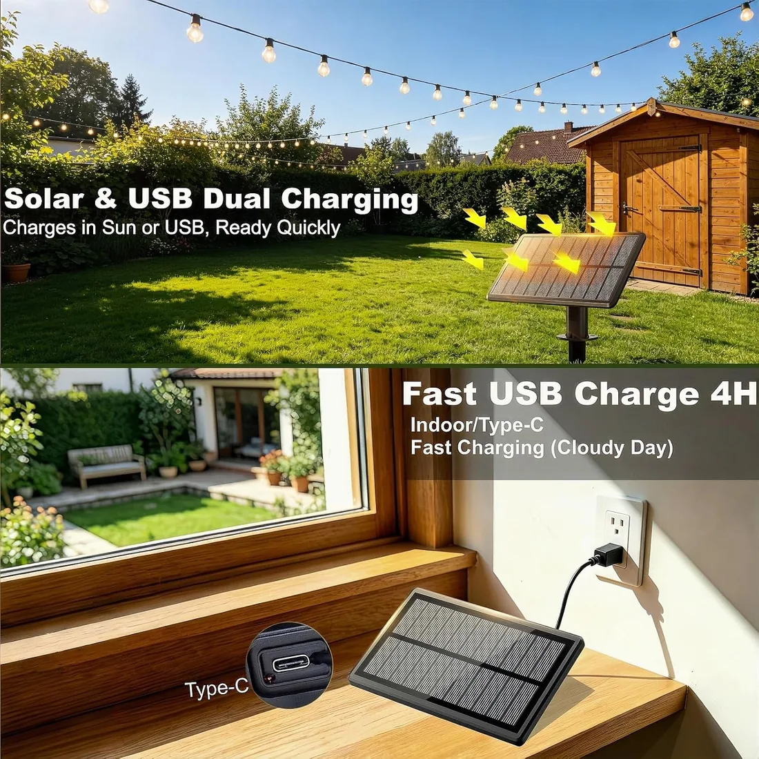 Guirnaldas Luces Exterior Solar, 20M 40+2 Bombillas LED Impermeable | Luces Exteriores, Carga Solar o USB, 3 Modos, Ideal para Terrazas, Jardines, Balcones, Fiestas foto 3