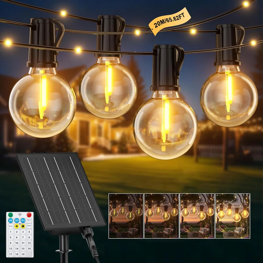 Guirnaldas Luces Exterior Solar, 20M/65.6Ft G40 Guirnaldas Exterior Solar | 25+1 G40 Bombillas y 48 Perlas LED, 19 Modos Impermeable Guirnalda Solares para Jardín, Terraza, Navidad, Fiesta