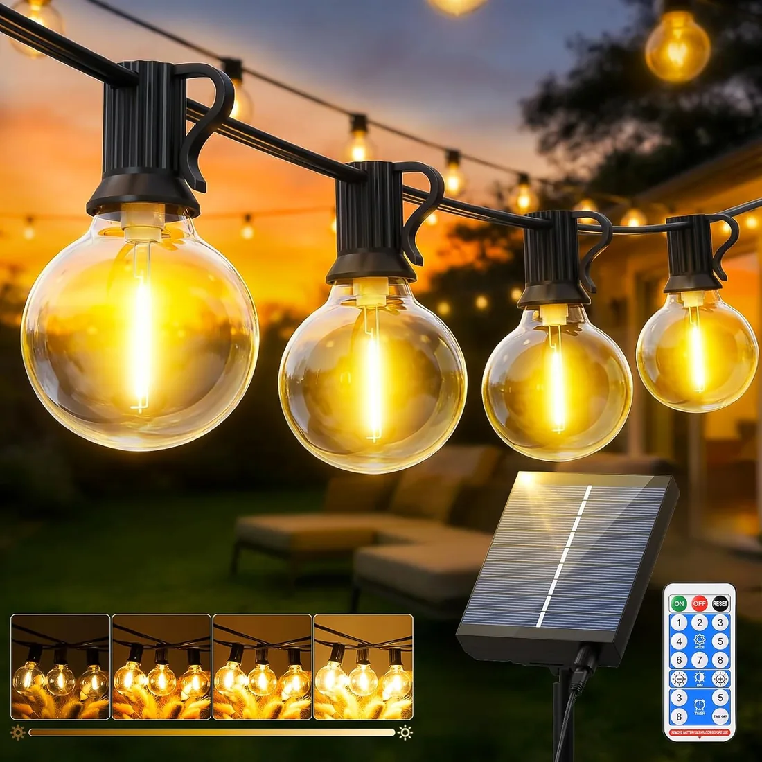 Solares Guirnalda Luces Exterior Jardin - 15M Guirnaldas Exterior Solar | Guirnaldas Solar with Control Remoto LED Regulable Bombillas Exteriores Jardin G40 for Balcon Terraza Boda Fiesta foto 3