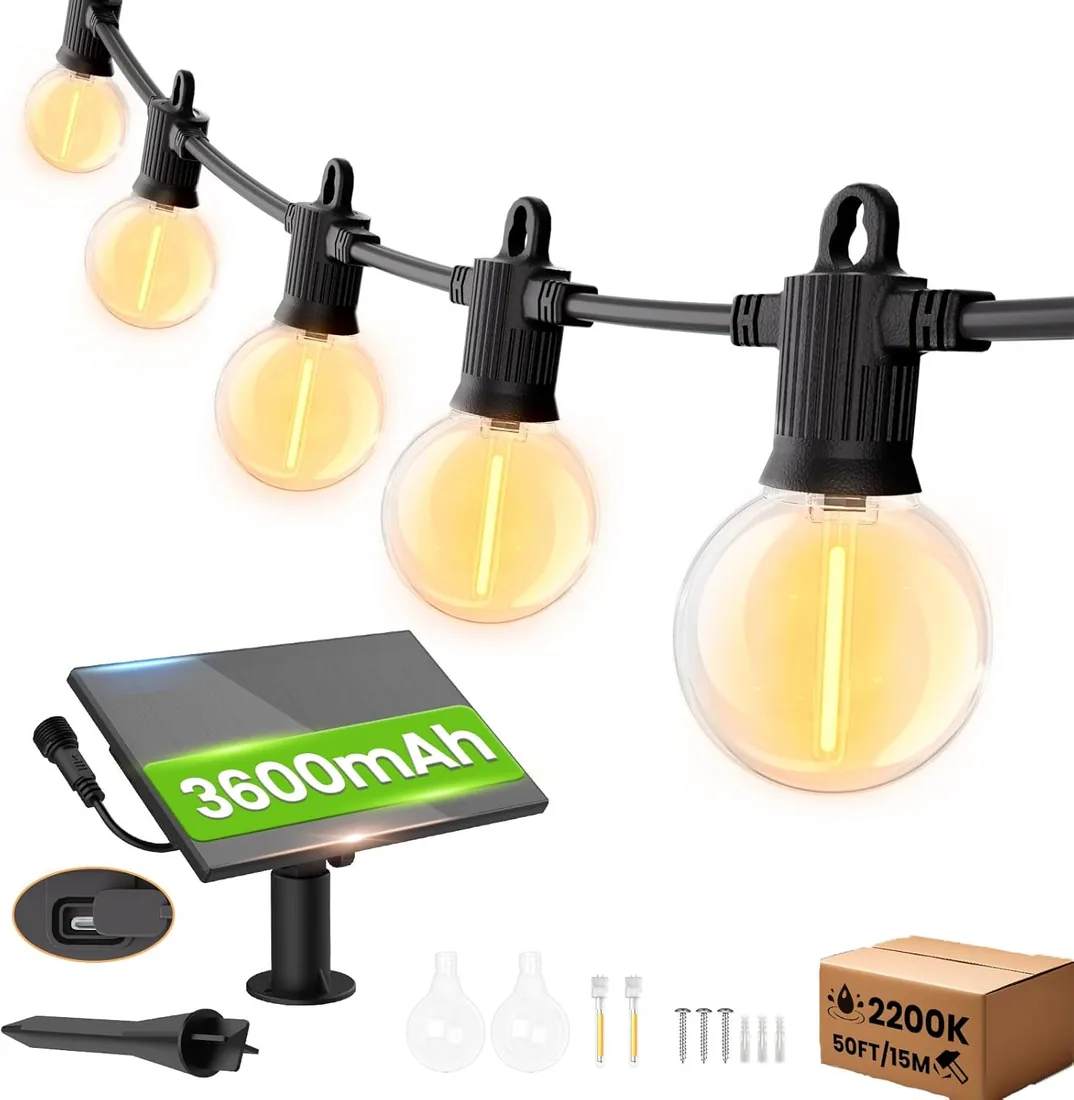 ZOTOYI Solar Guirnaldas Luces Exterior 15M, IP65 Impermeable Guirnalda LED Exterior Bombillas con 20 G40 Luces Solares LED Jardin con 4 Modos Innovation Cadena de Luces Solares Blanco Cálido