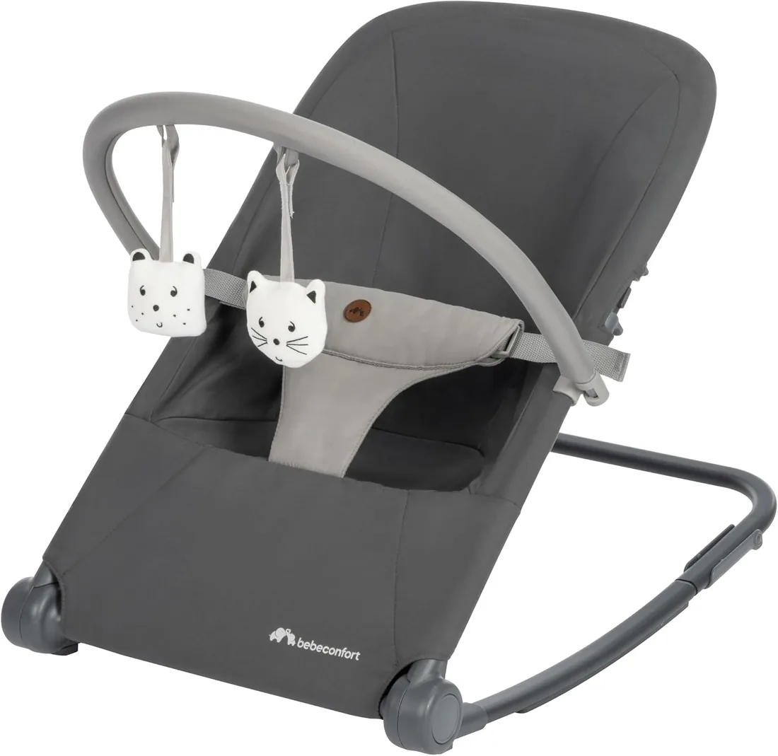 Bebeconfort Aster, Hamaca Bebé, 0–2 años, Ligera (2,7 kg), Portátil, Ultracompacto Plegable, Respaldo Regulable, Arco de Juguetes Extraíble, Arnés de 3 puntos, Modo Fijo, Tinted Graphite