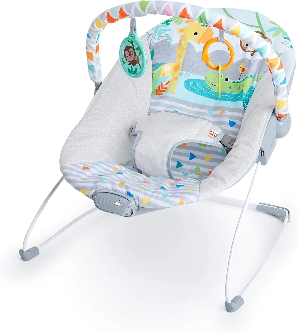 Bright Starts, Asiento Infantil Vibrador - Barra de Juguetes Removible, Pies Antideslizantes, 0-6 Meses Hasta 9 kg (Safari Fun) foto 2