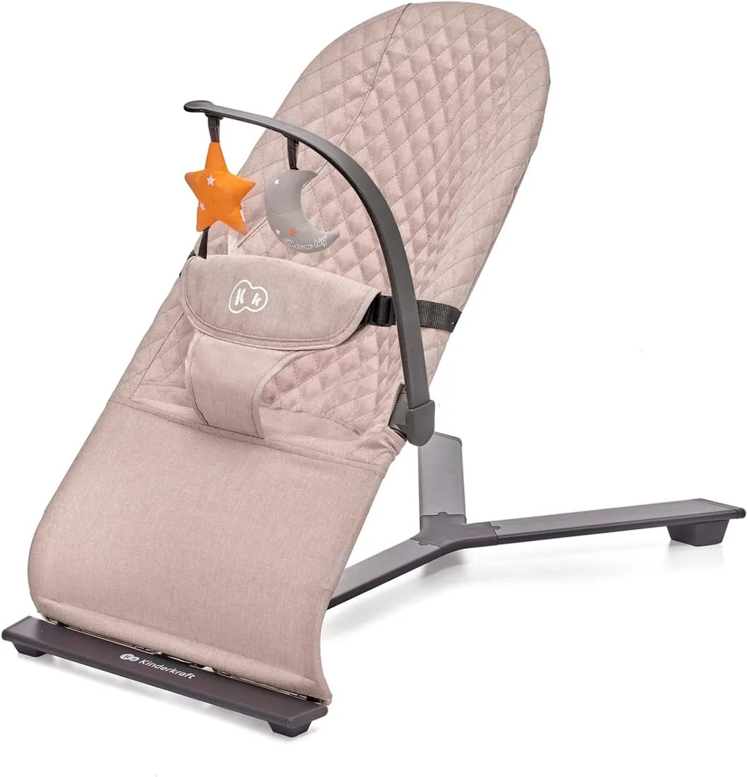 Kinderkraft MIMI Hamaca bebé, Balancin para bebés 0-9 kg, Plegado Compacto, Reclinable con una sola mano, Movimiento natural, Arco con juguetes, Materiales suaves, Fácil de limpiar, Beige