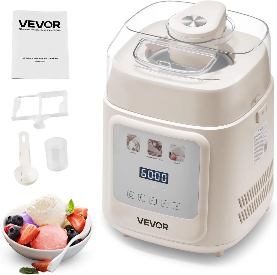 VEVOR Máquina Automática para Hacer Helados 1 L con Compresor Incorporado sin Precongelación Heladera Automática Vertical de 4 Modos 259 x 269 x 355 mm con Tapa Transparente para Hogar, Blanco