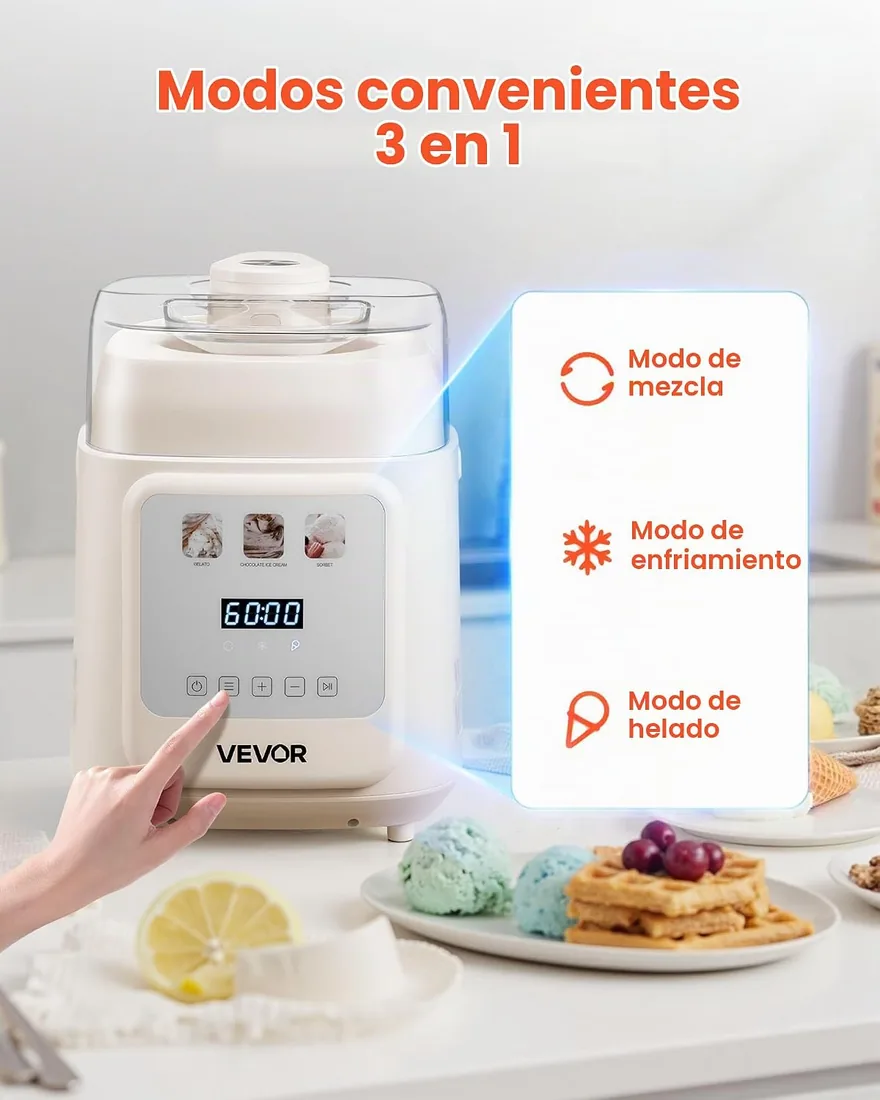 VEVOR Máquina Automática para Hacer Helados 1 L con Compresor Incorporado sin Precongelación Heladera Automática Vertical de 4 Modos 259 x 269 x 355 mm con Tapa Transparente para Hogar, Blanco foto 2