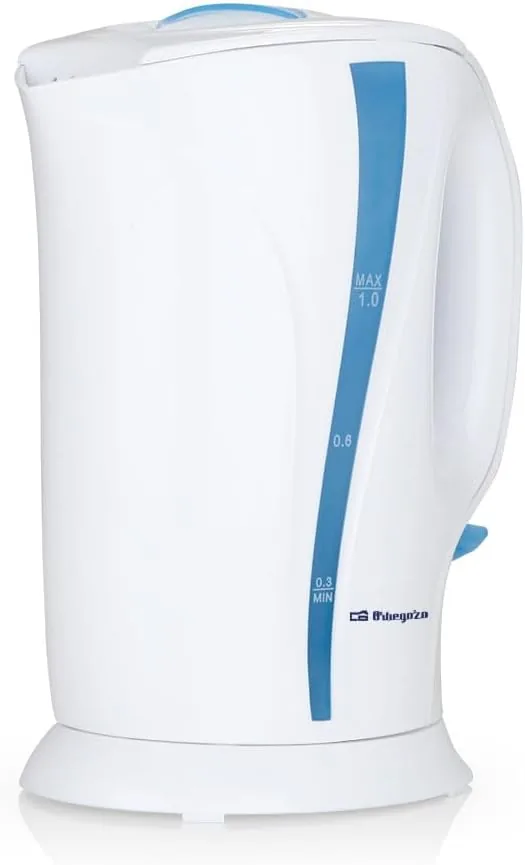 Orbegozo KT 5002, hervidor agua eléctrico, 750-900 W, 1 litro de capacidad, libre de BPA, jarra extraíble, filtro en la tapa, protección contra sobrecalentamiento, resistencia sumergida, color blanco