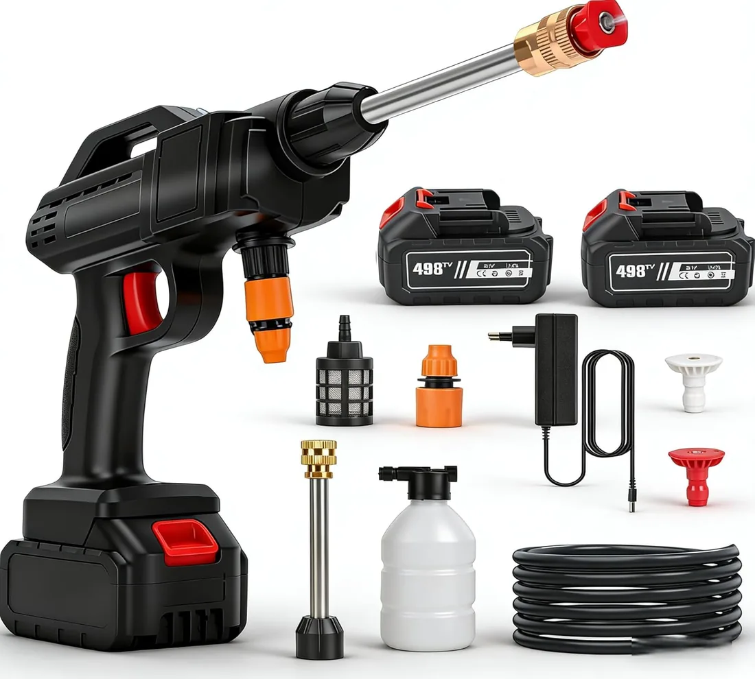 Hidrolimpiadora Bateria, 21V MAX 35Bar Press & Clean Pistola Lavado con 2X 6000mAh Baterías, Limpiador de Alta Presión Portátil para Coche, Terraza, Ventanas, Piscina (con 2 Batería (4,0Ah))