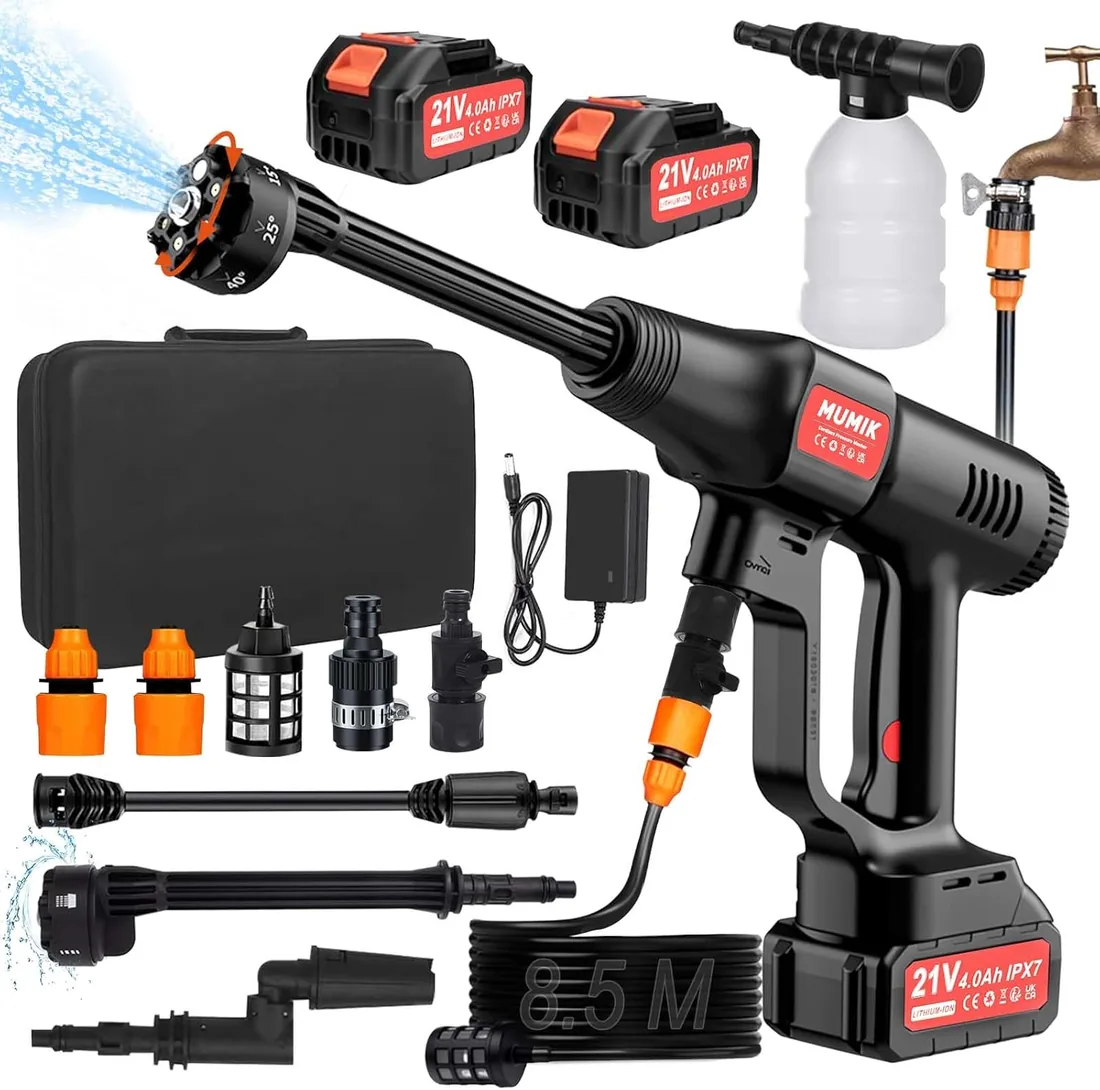 Hidrolimpiadora Bateria, 60 Bar Hidrolimpiadora de Alta Presion con 2 * 4.0Ah Baterías (IPX7), Boquilla 6 en 1,Giratoria Boquilla, Manguera de 8.5M Pistola Presion Agua Portatil Profesional