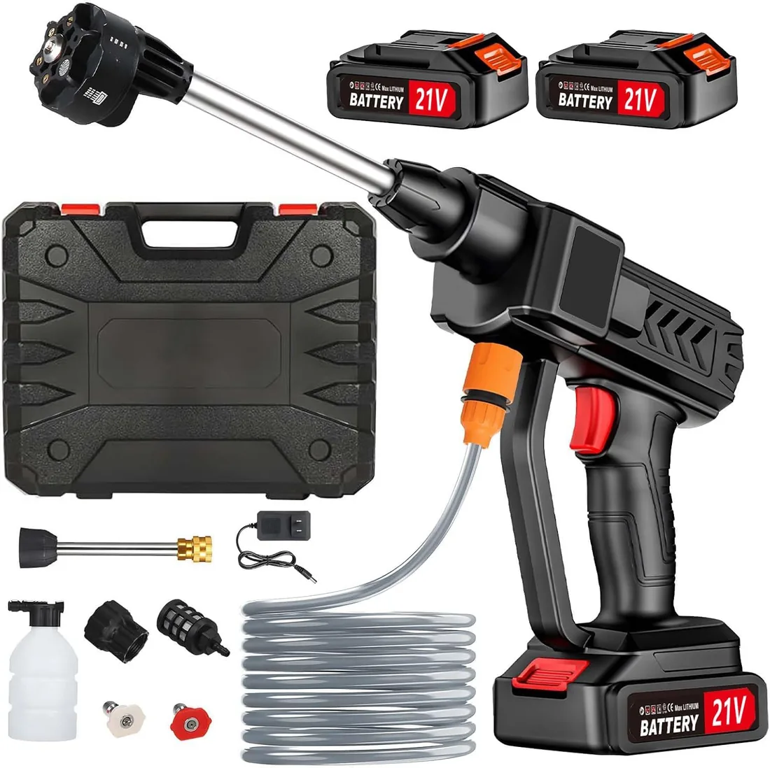 Hidrolimpiadora de Alta Presion, Limpiador de Alta Presión Portátil, Pistola de Agua a Presión, máx 260 PSI, con 2 Baterías, Pulverizador de Espuma, Boquilla 6 en1 para Coches, Terraza, Jardín