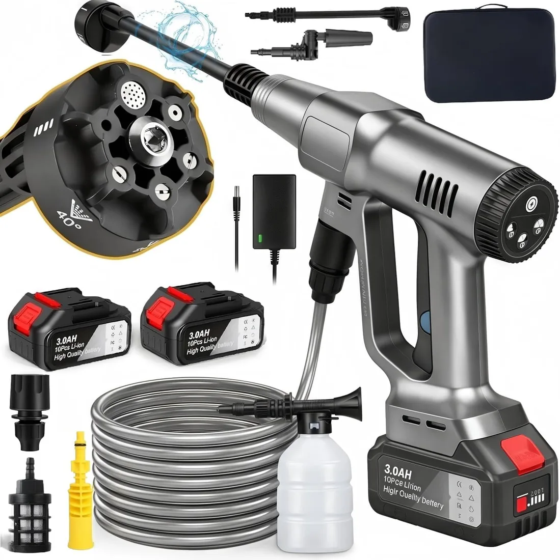 Hidrolimpiadora de Batería 100Bar, Hidrolimpiadora de Alta Presion con 6,0Ah Bateria, Boquilla 6 en 1, 3 Niveles de Presión de 60/80/100 Bar, Limpiador a Presión Portátil para Coche y Jardín (Plata)