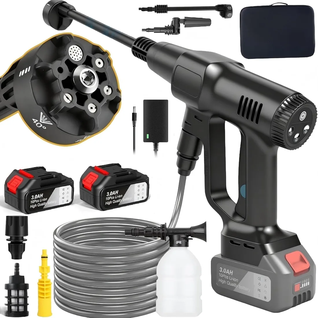 Hidrolimpiadora de Batería 100Bar, Hidrolimpiadora de Alta Presion con 6,0Ah Bateria, Boquilla 6 en 1, 3 Niveles de Presión de 60/80/100 Bar, Limpiador a Presión Portátil para Coche y Jardín (Negro)