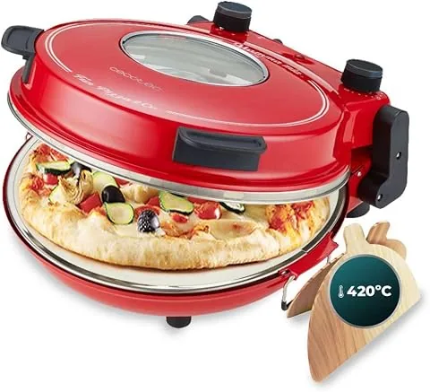 Cecotec Horno grill eléctrico para pizza Fun Pizza&Co Mamma Mía Vista, 1200 W, Temporizador 15min, Temperatura max de 420ºC en 3min, Ventana de visualización, placa de piedra., Rojo | Ventana foto 2