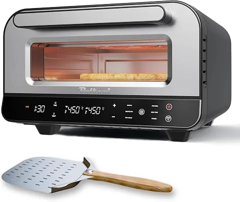 Horno eléctrico para pizza con piedra para pizza, 450 °C para pizza crujiente en 2 minutos, 1700 W, temporizador, iluminación interior y ventana, horno compacto para casa (negro)