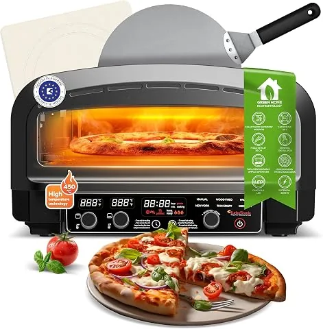 TurboTronic Horno Eléctrico para Pizza 2200W, hasta 450 °C, para Pizzas de 37 cm (14,6"), con Piedra para Pizza, Uso Interior y Exterior, Ideal para Casa, Jardín, Cocina