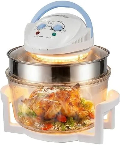 Horno de Convección Halógeno 1400W | Freidora de Aire de Vidrio Gran Capacidad 12L-18L con Aro Extensor | Mini Horno Sobremesa Multifunción 5 en 1 | Incluye Accesorios