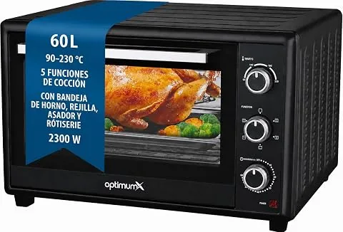 OptimumX Horno Eléctrico de Sobremesa 60L XXL con Convección, Asador Giratorio & Luz Interior, 2200W, 40–230 °C