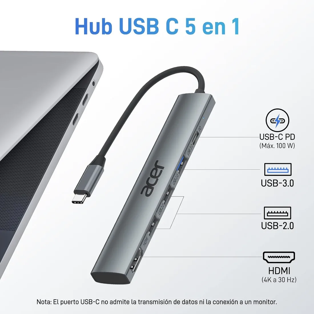 acer Hub USB C 5 en 1, Ataptador USB C a HDMI 4K foto 2