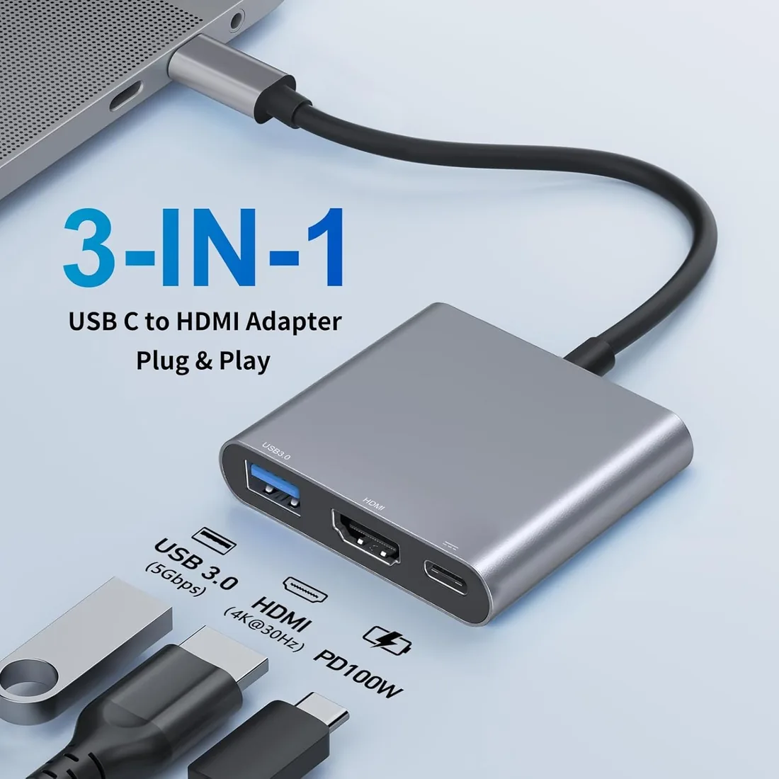 Adaptador USB C a HDMI, Adaptador Multipuerto USB C con 4K HDMI, USB 3.0 y 100W PD Carga Rápida, Hub Tipo C Compatible con MacBook Pro/Air, iPad Pro/Air, Samsung, Surface, Pixelbook, HP foto 3
