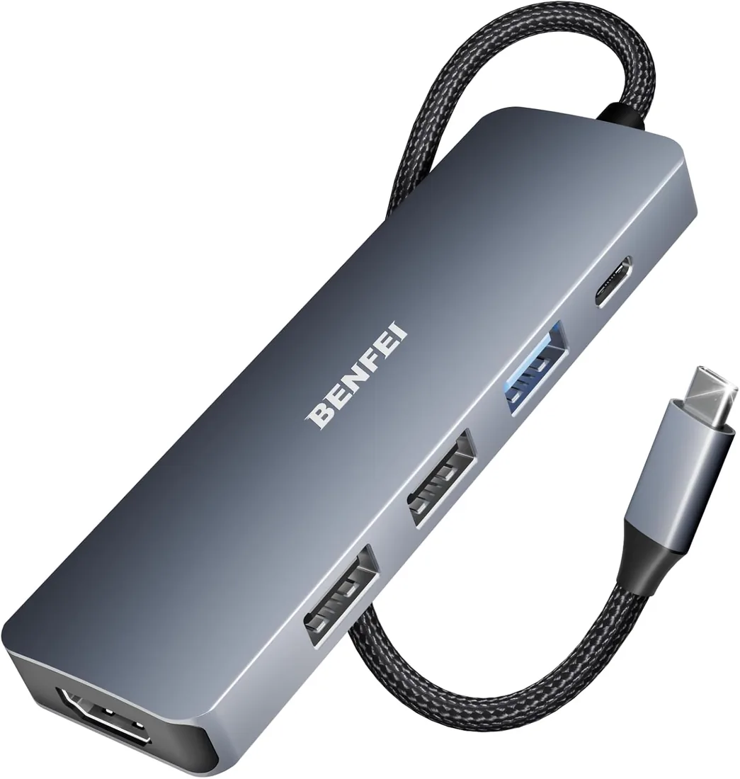 BENFEI Hub USB C 5 en 1 con HDMI 4K, 1*USB-A 3.2 Gen2 10Gbps, 2*USB-A 2.0, PD 100W, Cable de diseño Tejido y de Silicona Compatible con MacBook Pro/Air, iPad Pro, iMac, iPhone 15 Pro/Pro MAX