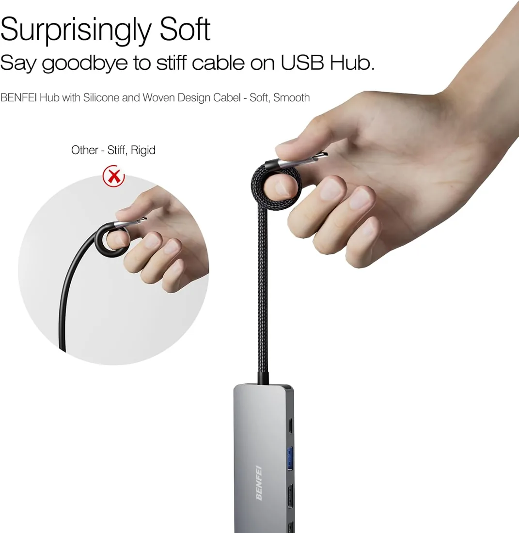 BENFEI Hub USB C 5 en 1 con HDMI 4K, 1*USB-A 3.2 Gen2 10Gbps, 2*USB-A 2.0, PD 100W, Cable de diseño Tejido y de Silicona Compatible con MacBook Pro/Air, iPad Pro, iMac, iPhone 15 Pro/Pro MAX foto 2