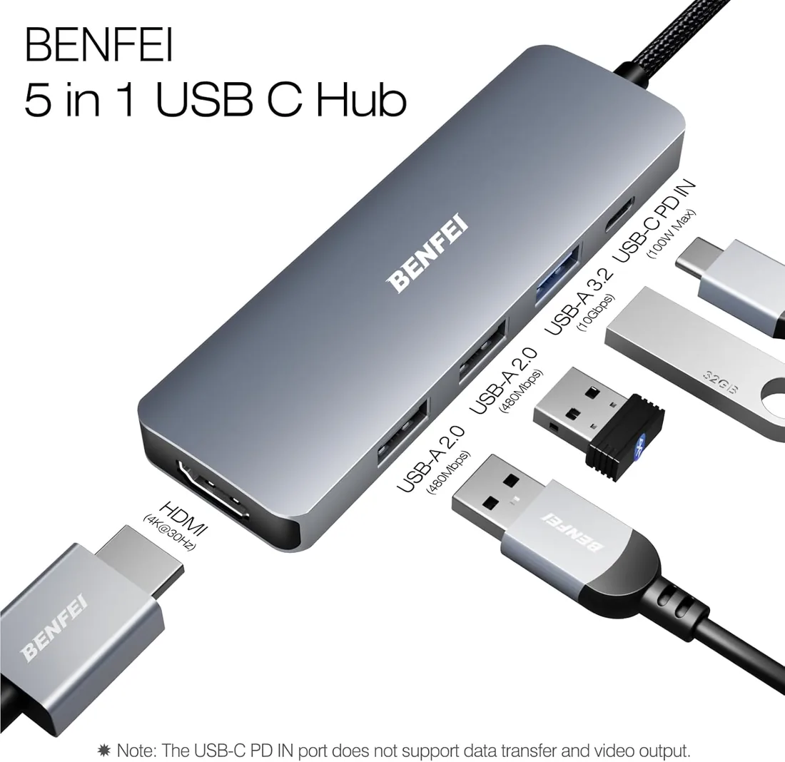 BENFEI Hub USB C 5 en 1 con HDMI 4K, 1*USB-A 3.2 Gen2 10Gbps, 2*USB-A 2.0, PD 100W, Cable de diseño Tejido y de Silicona Compatible con MacBook Pro/Air, iPad Pro, iMac, iPhone 15 Pro/Pro MAX foto 3