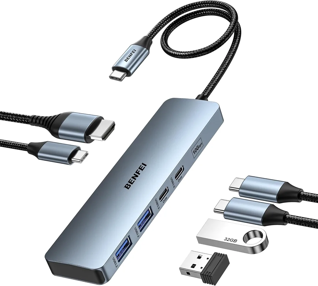 BENFEI HUB USB C 6-en-1 con HDMI(4K@60Hz) 100W Power Delivery 10Gbps 2*USB-A y 2*USB-C Cable de Silicona Carcasa de Aluminio Compatible con iPhone 15 Pro/MAX, MacBook, iPad Pro, iMac, S23, XPS17