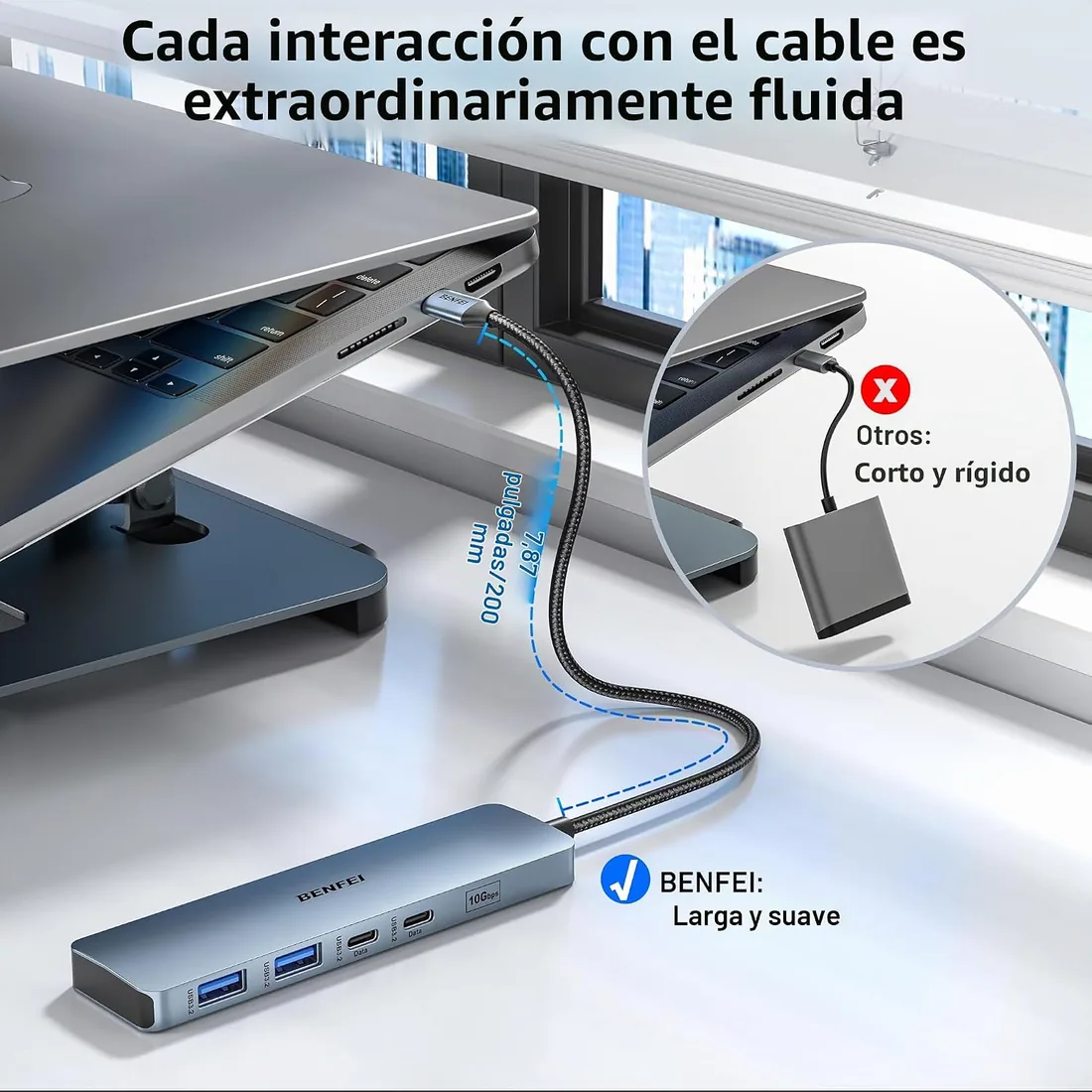 BENFEI HUB USB C 6-en-1 con HDMI(4K@60Hz) 100W Power Delivery 10Gbps 2*USB-A y 2*USB-C Cable de Silicona Carcasa de Aluminio Compatible con iPhone 15 Pro/MAX, MacBook, iPad Pro, iMac, S23, XPS17 foto 3