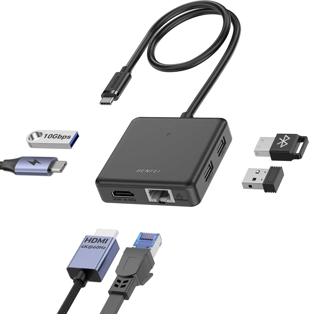 BENFEI HUB USB C 6en1 con HDMI(4K@60Hz), 100Mbps Ethernet, 100W Power Delivery, 1*USB 3.2 10Gbps y 2*USB 2.0, Compatible con iPhone 16 Pro/MAX MacBook iPad Pro iMac S23 XPS17