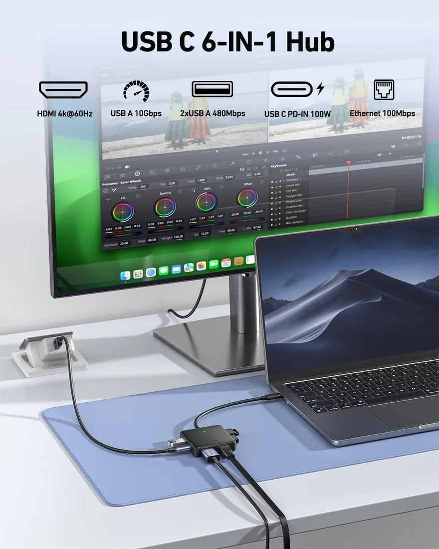 BENFEI HUB USB C 6en1 con HDMI(4K@60Hz), 100Mbps Ethernet, 100W Power Delivery, 1*USB 3.2 10Gbps y 2*USB 2.0, Compatible con iPhone 16 Pro/MAX MacBook iPad Pro iMac S23 XPS17 foto 2