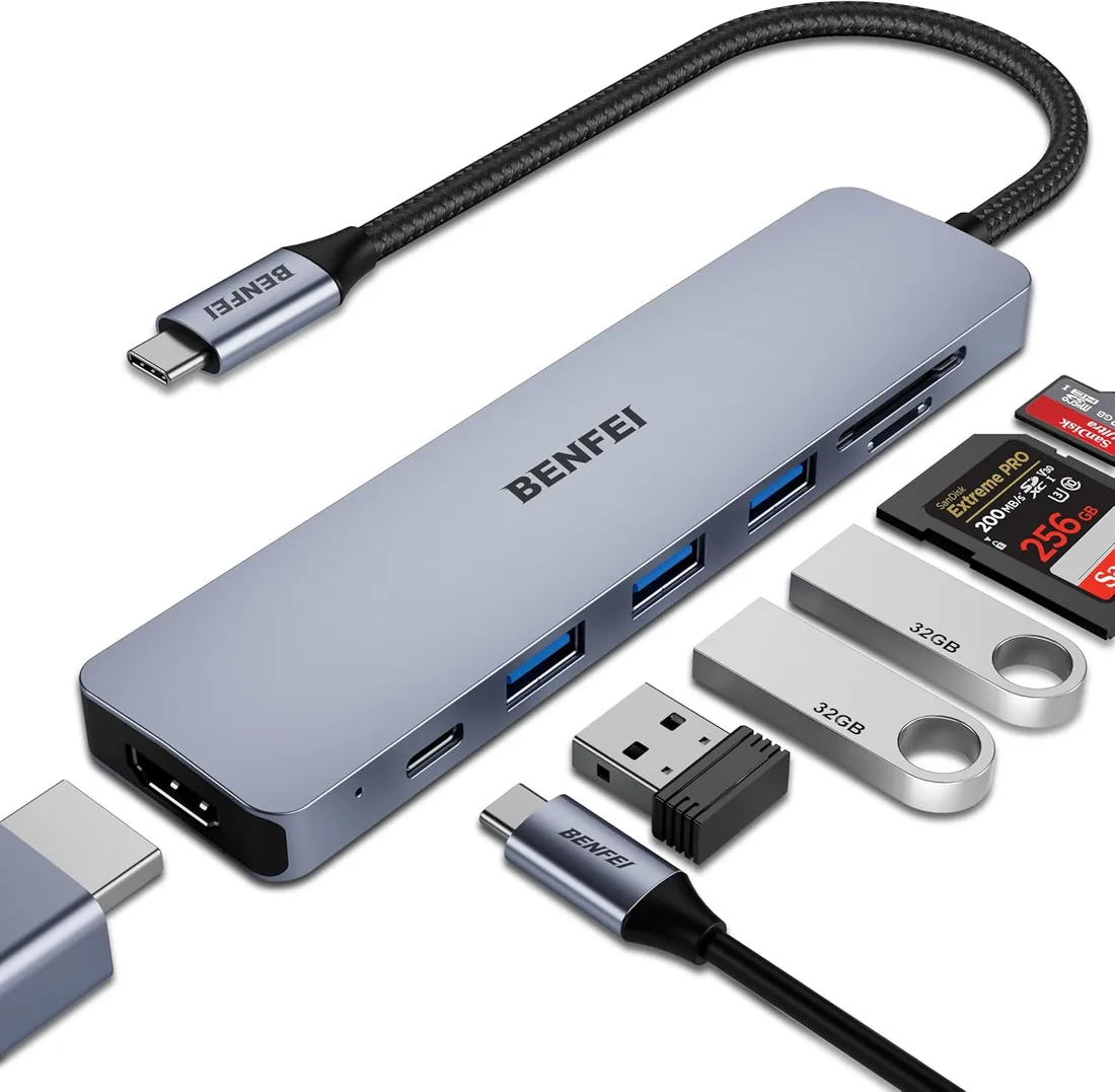 BENFEI USB C HUB 7 en 1, USB-C HUB Multiport Adapter mit HDMI (4K @60Hz Certificate)/100W Power Delivery/3*USB 3.0 5Gbps/SD/TF Card Reader (160MB/s) para iPhone 15 Pro/Max MacBook iPad Pro iMac S23