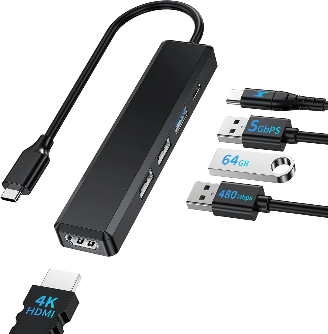 BHHB M80 Hub USB C HDMI 4K/ 100W PD Carga/USB 3.0 5Gbps/ 2*USB 2.0, Hub USBC 5 en 1 Multipuerto Adaptador Tipo C a HDMI Compatible con MacBook Pro/Air M4 M3 M2 M1, Mac, iMac, iPad, Laptop, Portátil