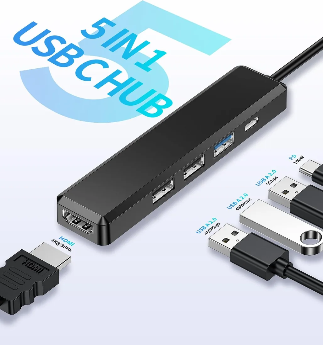 BHHB M80 Hub USB C HDMI 4K/ 100W PD Carga/USB 3.0 5Gbps/ 2*USB 2.0, Hub USBC 5 en 1 Multipuerto Adaptador Tipo C a HDMI Compatible con MacBook Pro/Air M4 M3 M2 M1, Mac, iMac, iPad, Laptop, Portátil foto 2