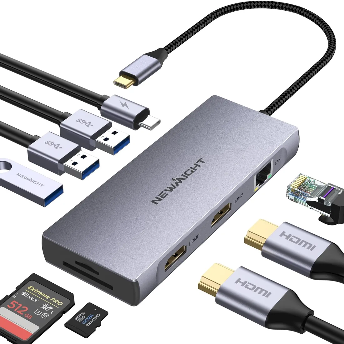 Docking Station USB C,Newmight 9 En 1 Doble HDMI Hub Adaptador Tipo C a Ethernet RJ45 Gigabit PD 100W Lector Tarjeta SD TF Compatible con DELL/HP