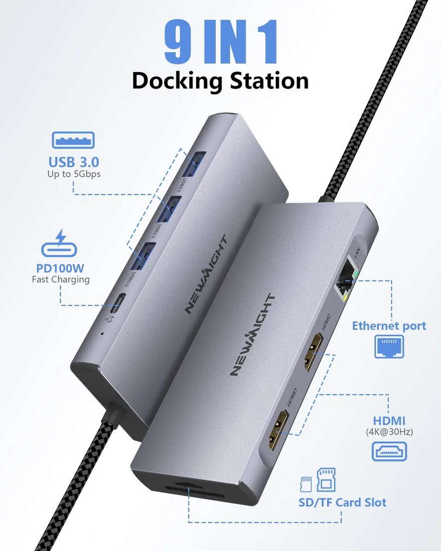 Docking Station USB C,Newmight 9 En 1 Doble HDMI Hub Adaptador Tipo C a Ethernet RJ45 Gigabit PD 100W Lector Tarjeta SD TF Compatible con DELL/HP foto 2
