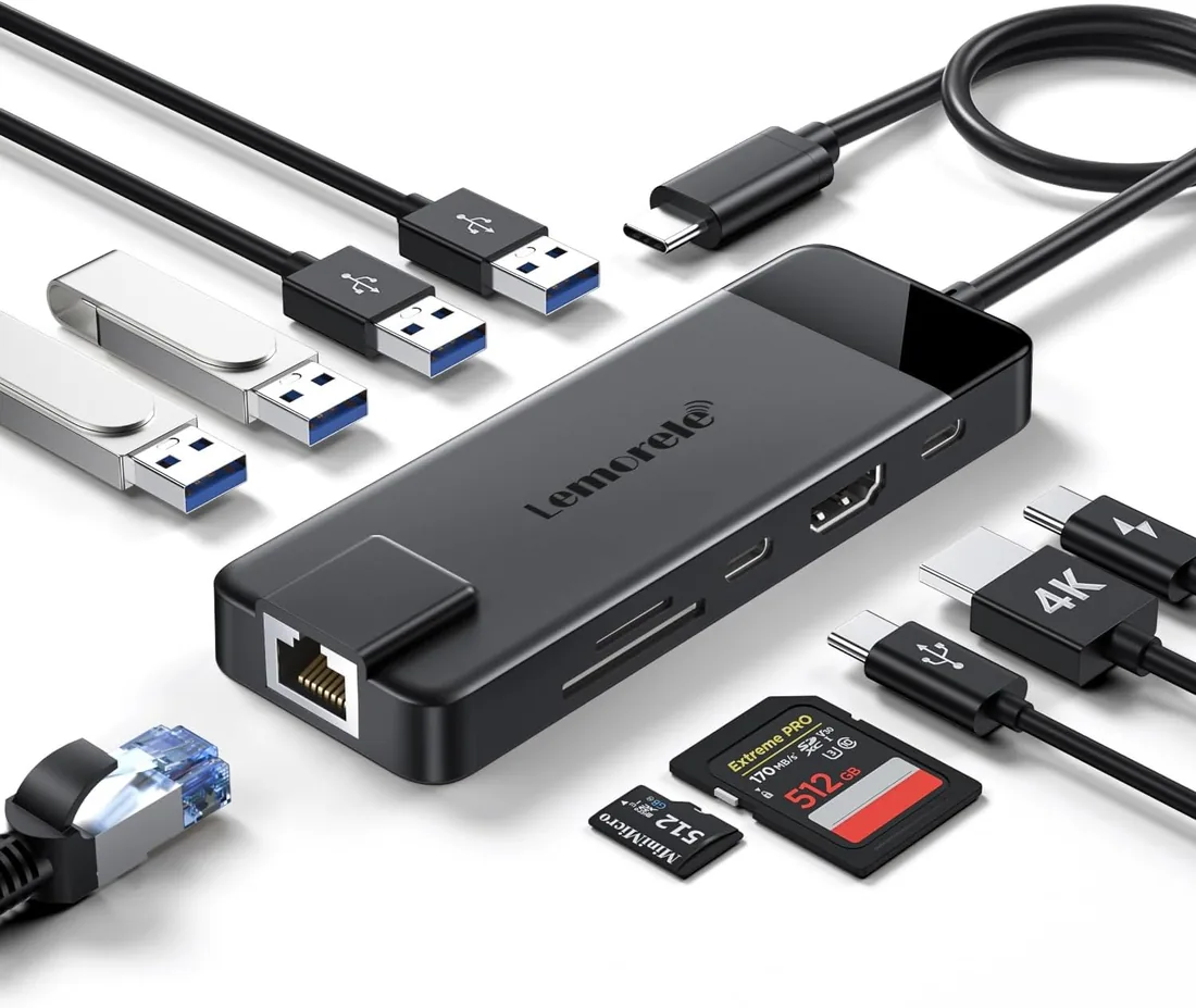 Lemorele Hub USB-C 10 en 1, HDMI, Gigabit Ethernet, USB-C Datos, PD 100W