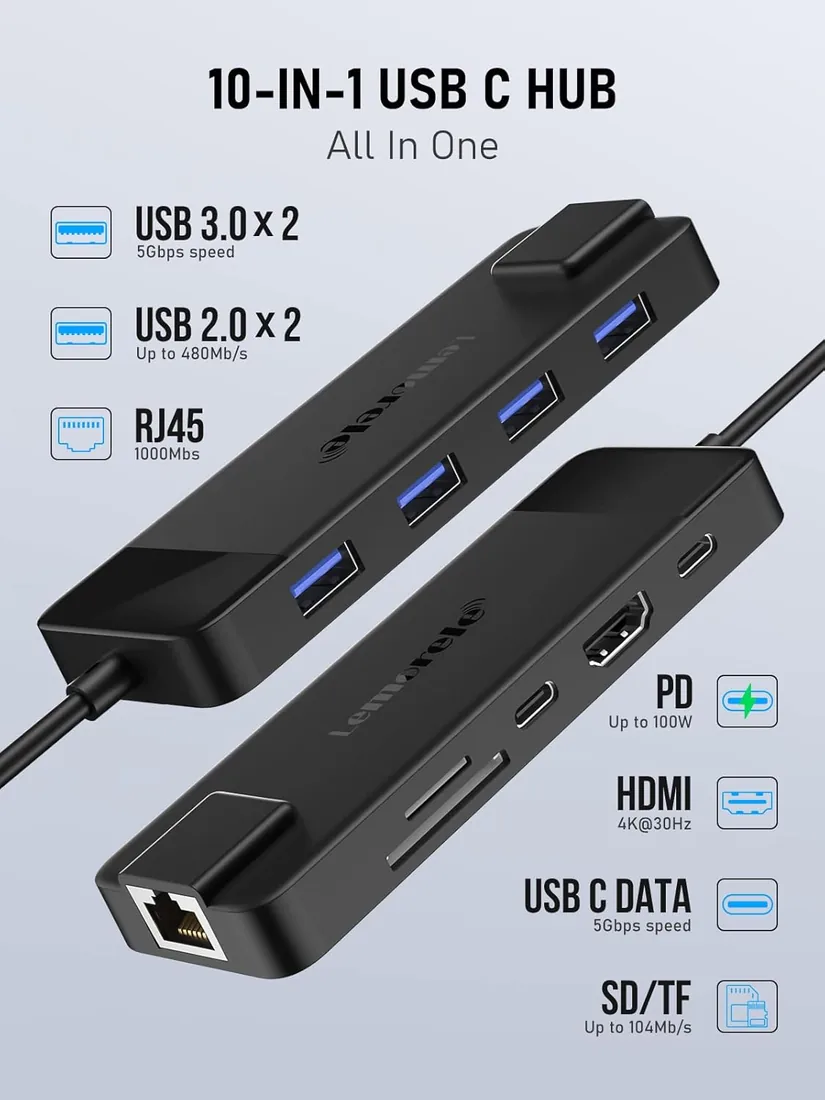 Lemorele Hub USB-C 10 en 1, HDMI, Gigabit Ethernet, USB-C Datos, PD 100W foto 2
