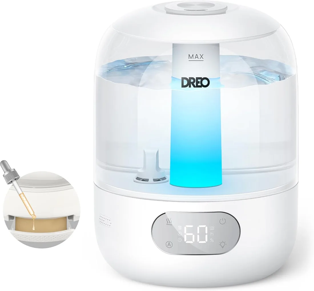DREO Humidificador Bebés 3L 26dB Silencioso con Sensor de Humedad, Niebla Fría Ultrasónica, 30h Autonomía, Boquilla 360°, Luz Ambiental, Difusor de Aceites Esenciales, Blanco