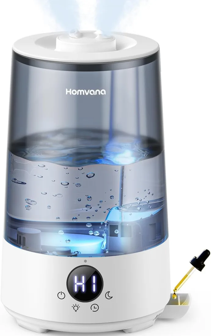 Homvana Top-Fill Humidificador Bebes Mocosy Tos, Cool Mist(3.6L,Gris) | 34 Horas de Funcionamiento, con Bandeja de Aroma, Oil Difusor, BPA Free Bebés y Plantas, 7 Color Light