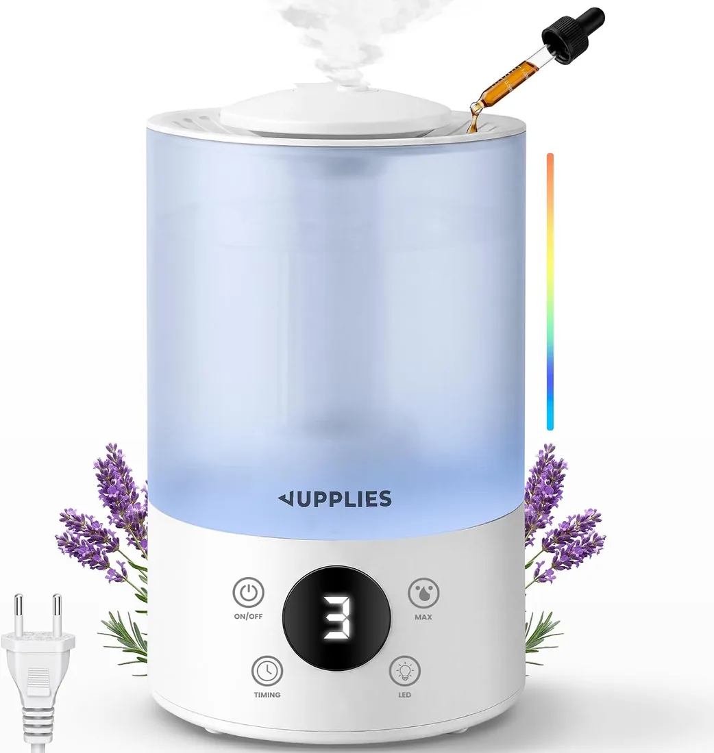 JUPPLIES Humidificador Ultrasónico Inteligente 4L | 3 Niveles, Temporizador 8h, Luz LED Nocturna, Doble Boquilla para Nebulización, Silencioso para Bebés y Habitación