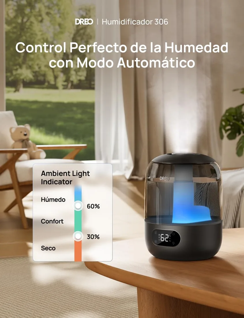 DREO Humidificador Bebés 3L con Sensor de Humedad, 26dB Silencioso, Negro | 30h Autonomía , Top-Fill Humidificador para el foto 2